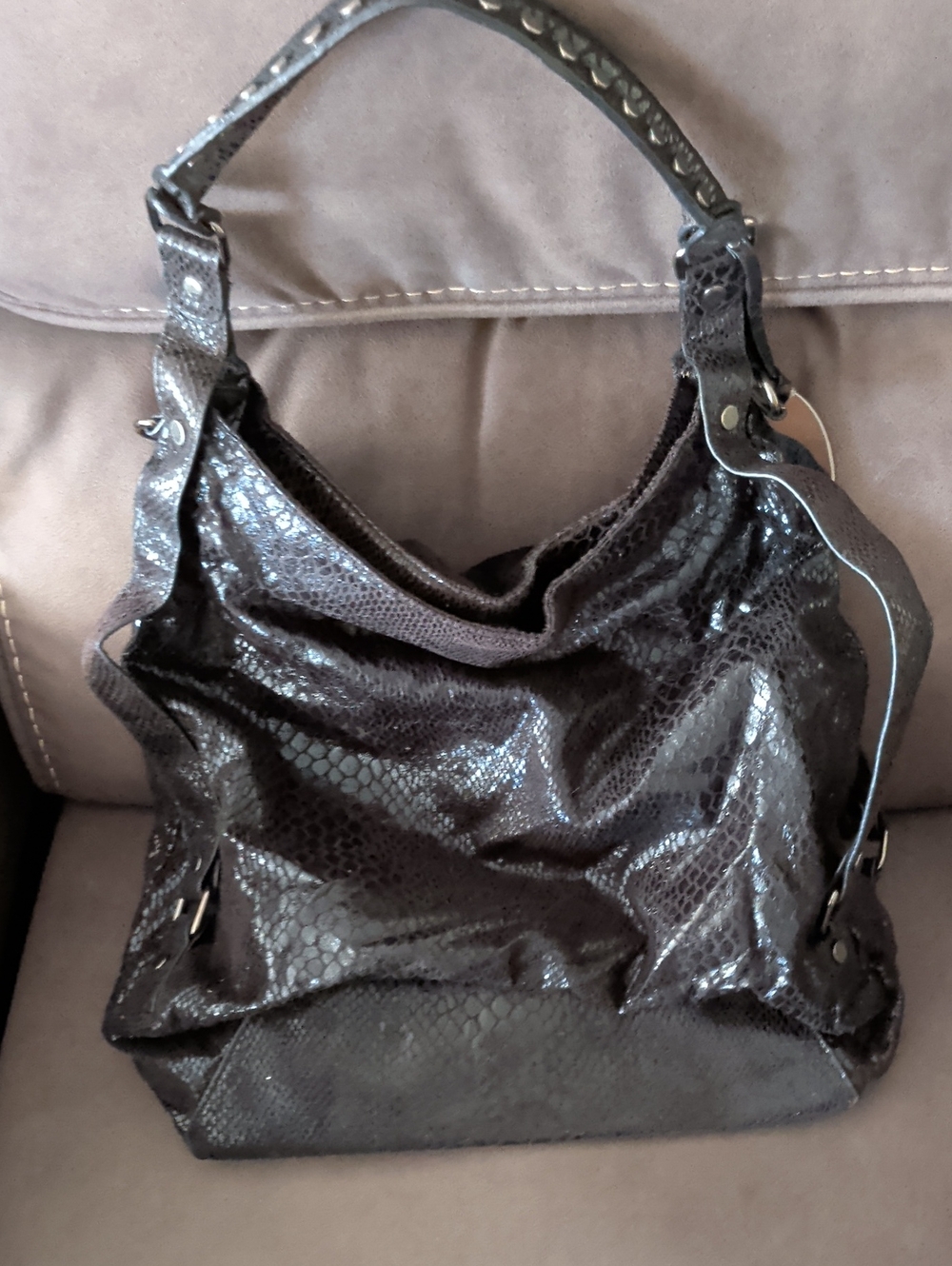 Kenneth Cole Glossy Black Faux-Snake Hobo Shoulder Bag